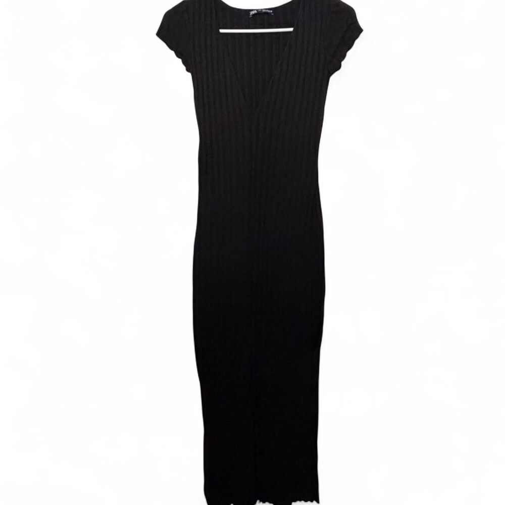 Zara Classy Black Cocktail Midi Slit Dress with Short Sleeves and V Neck